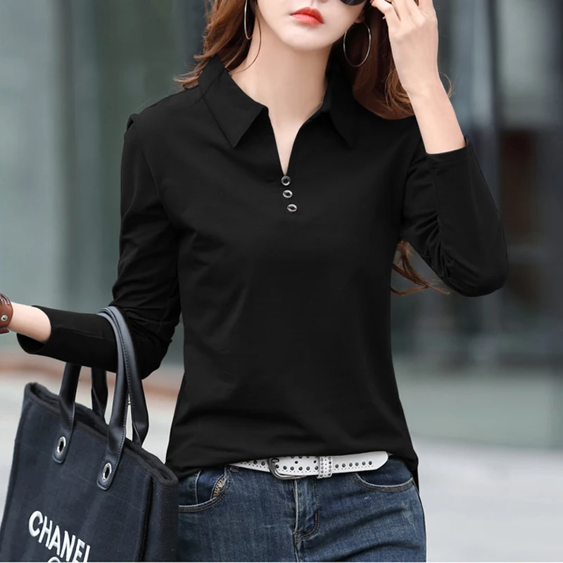 HI-FASHION Cotton T Shirt Office Woman Spring Casual Long Sleeve Lapel T-shirt Autumn Loose Korean Style Plus Size Female Shirts