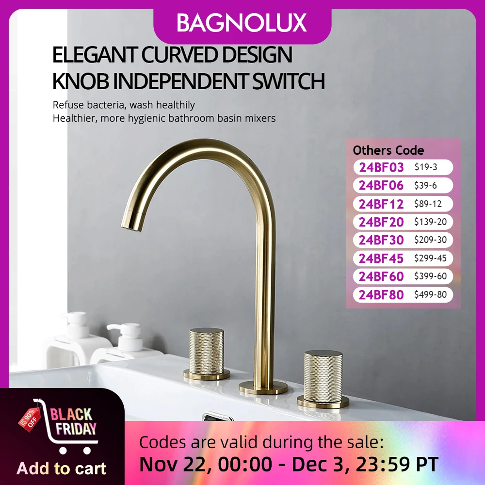 Brushed Gold Basin Faucet Hot And Cold Tap Bathroom Knurling Design Double Handle Desk Mounted Sink Mixer 360° Rotation Spout