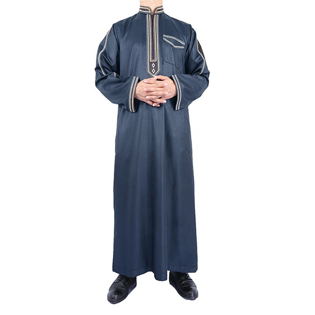 Comfy Fashion Holiday Men Robe Clothes Casual Long Sleeve Loose Muslim Slight Stretch Solid Color Stand Collar