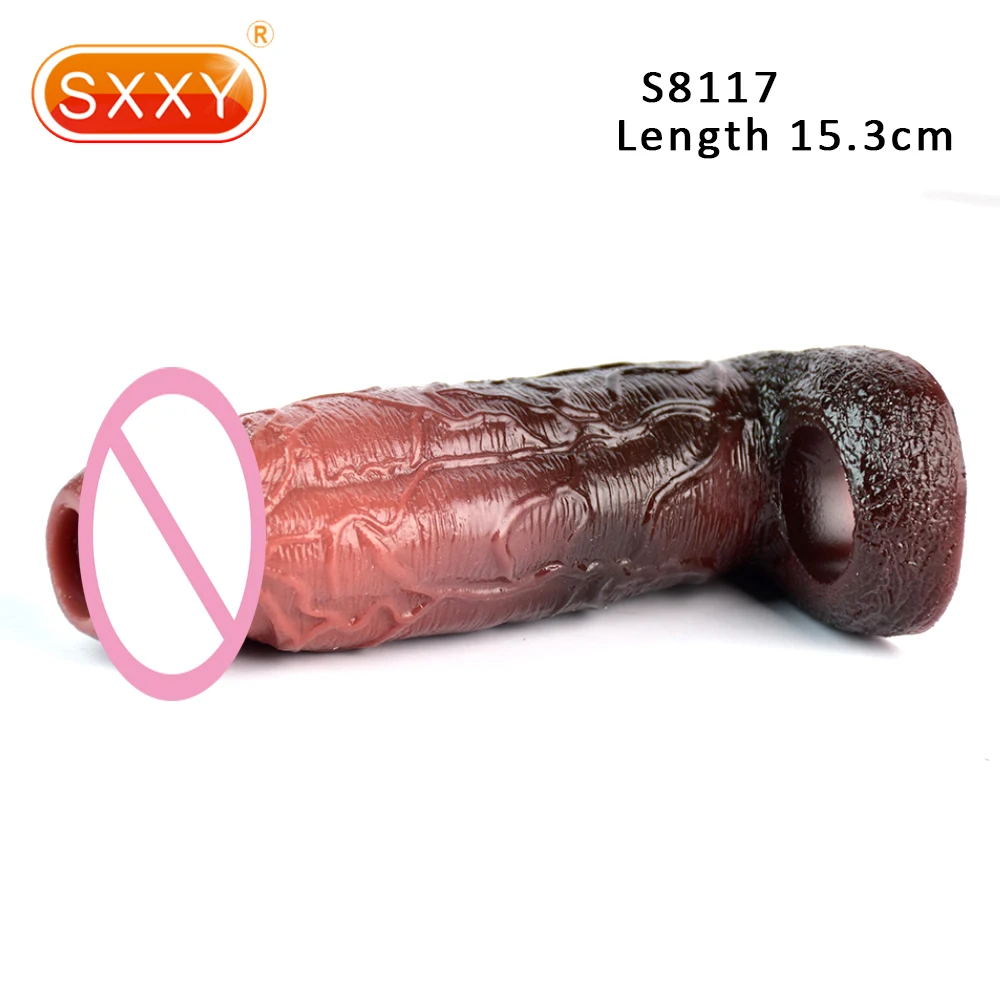 SXXY Black Realistic Penis Sleeve 15.3CM Soft Silicone Dick Extender For Men Delay Ejaculation Male Penis Extension Sheath