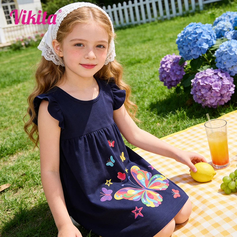 VIKITA Toddlers Navy Blue Butterfly Print Ruffle Sleeve Summer Cotton Casual Cute Straight Dress Girl Daily School Frocks Outfit