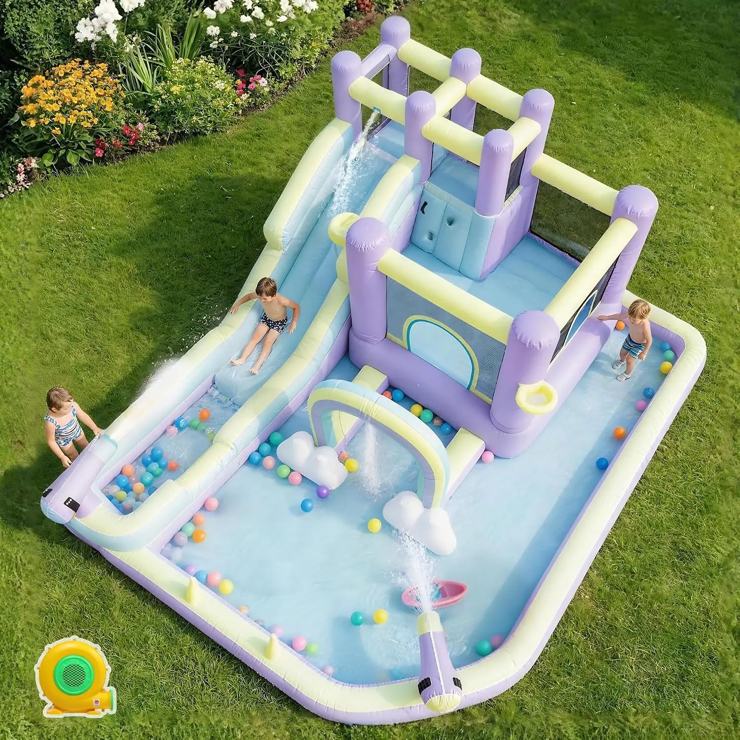 Inflatable Bounce House with Rainbow Arch and Extra Long Water Slide | Outdoor Bouncy Castle, Included 750W Blower, Splash Pool,