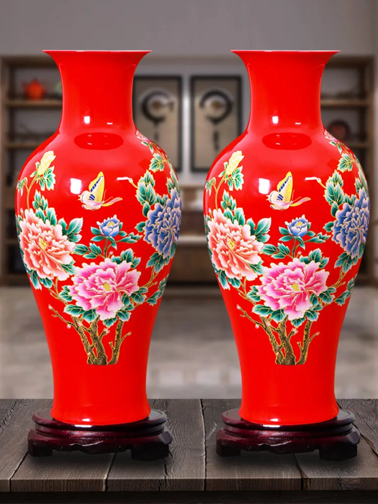 Large Size Ceramic Flower Vase Jingdezhen Red Wealth Bamboo Home Living Room Decorations Ornaments Modern Simple Style