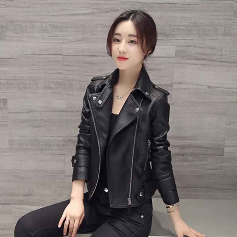 New Spring and Autumn Women Slim Motorcycle Leather Jacket Casual Versatile PU Coat