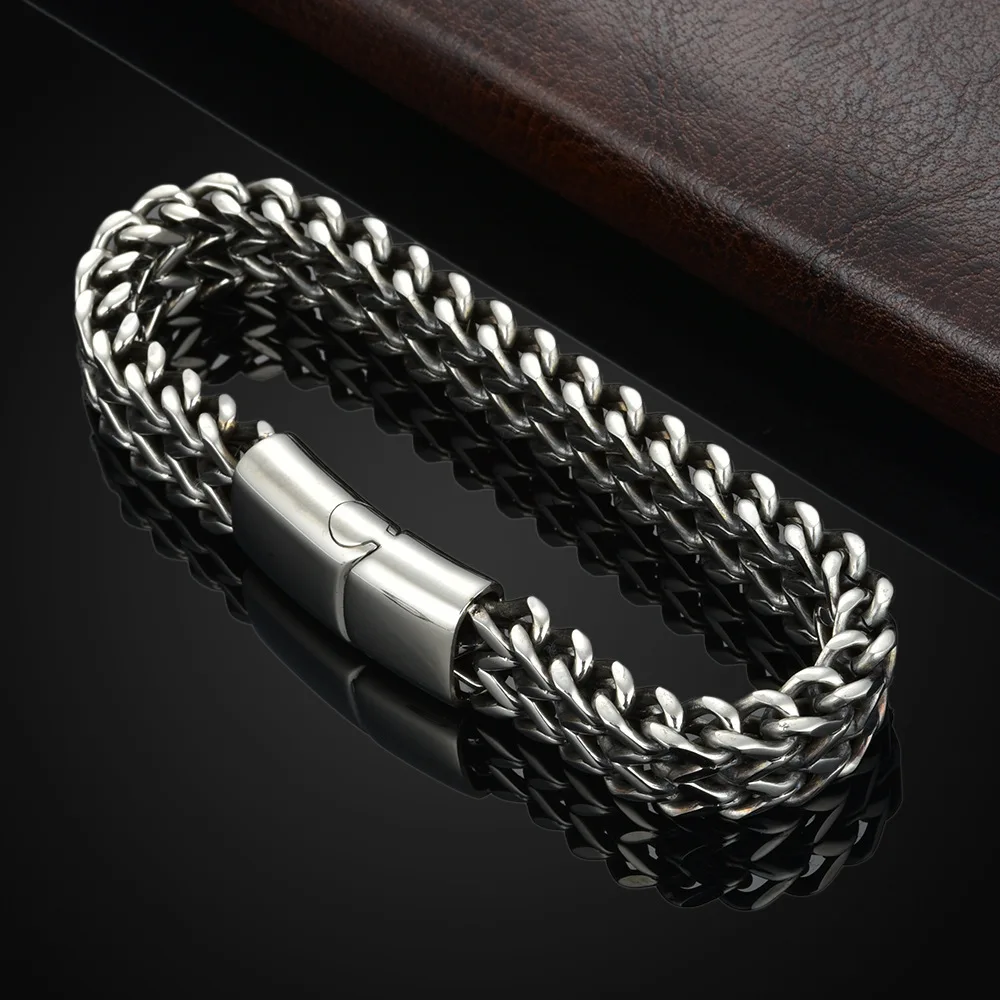 Hip Hop Stainless Steel Braided Double Row Front and Back Fish Scale Magnetic Buckle Bracelet with Keel Jewelry