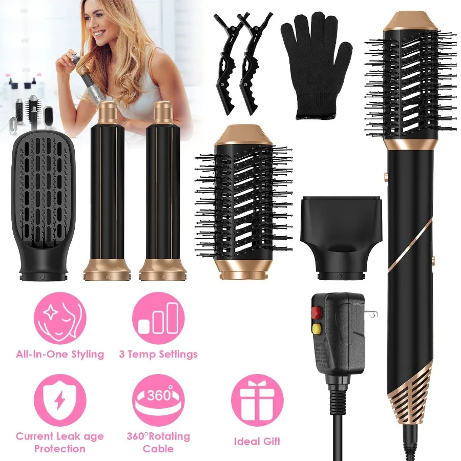 

5 In 1 Hot Air Styler Straightener Curler Dryer Automatic Wrap Styler Hair Dryer Brush Set with 3 Temp Settings ALCI Plug Glove