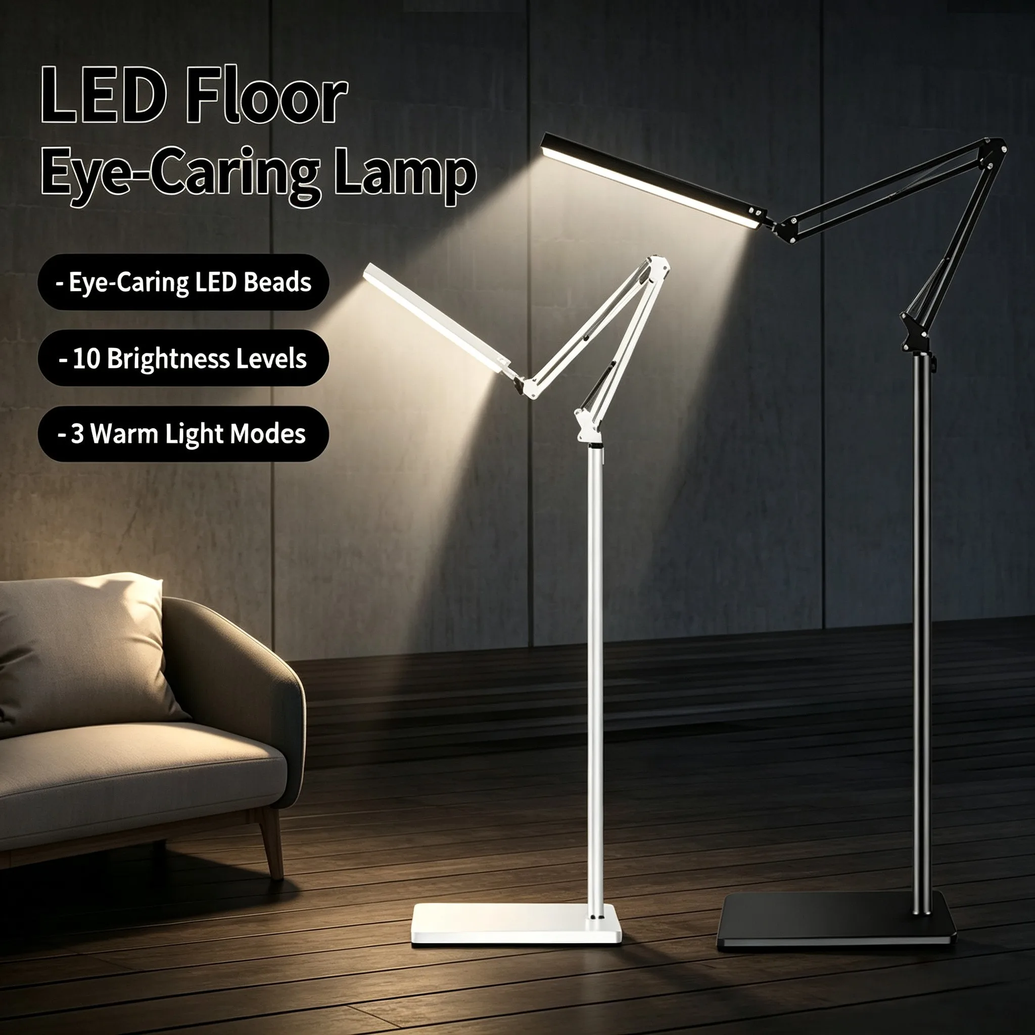 LED Floor Lamp, USB Powered Bright Living Room Bedroom Bedside Standing Light, 3-Tier Dimmable Multi-Function Reading Piano Lamp