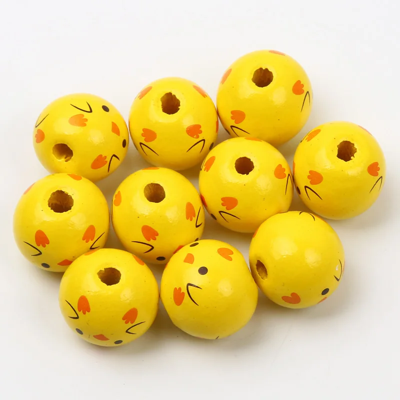 Yellow Round Balls Natural Wooden Beads With Cartoon Animal Pattern Loose Beads For Jewelry Making Diy Jewelry Beads Accessories