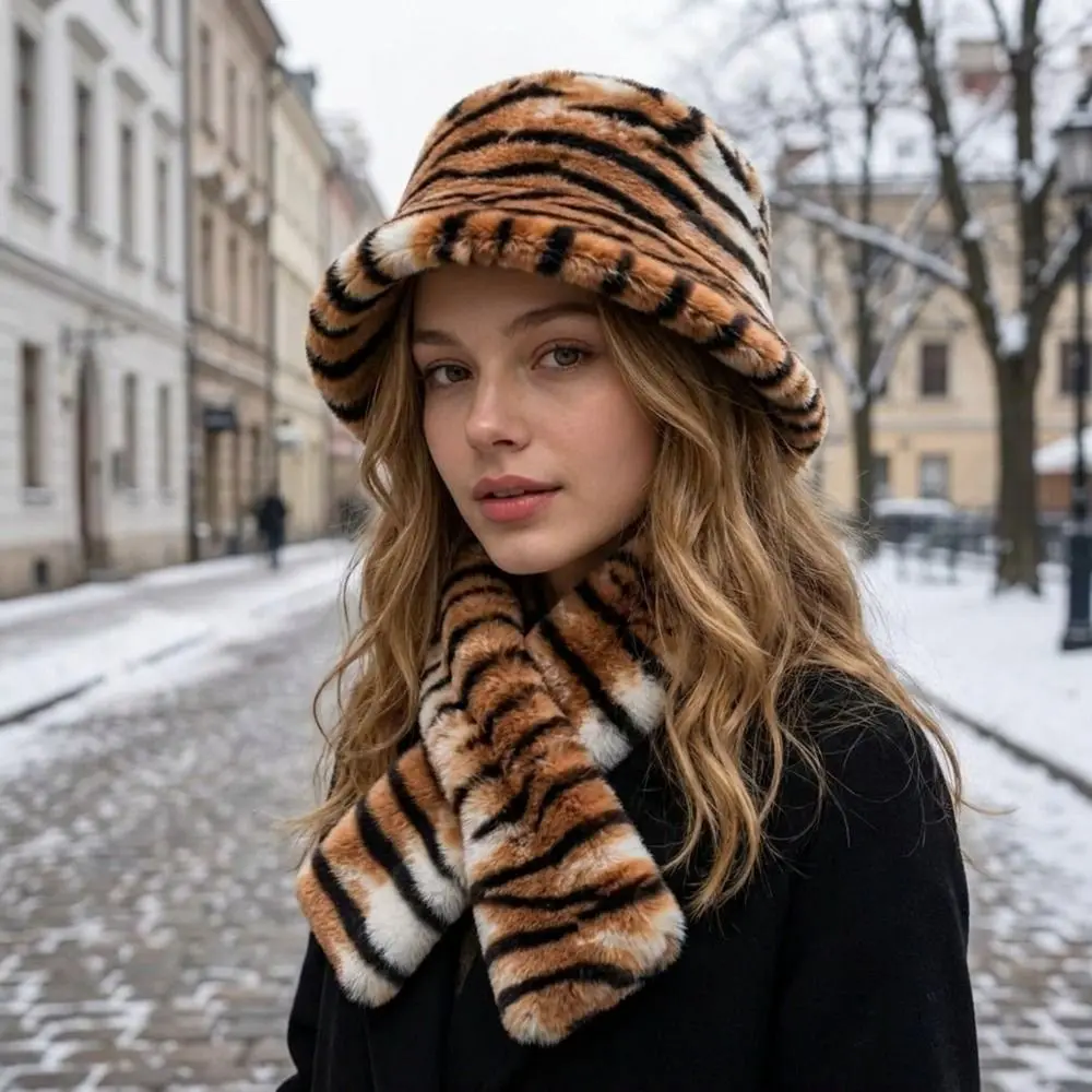 Thick Warm Faux Fur Hat Soft Fluffy Faux Mink Fur Cross-tie Scarf Windproof Washable Leopard Print Scarf Outdoor Travel