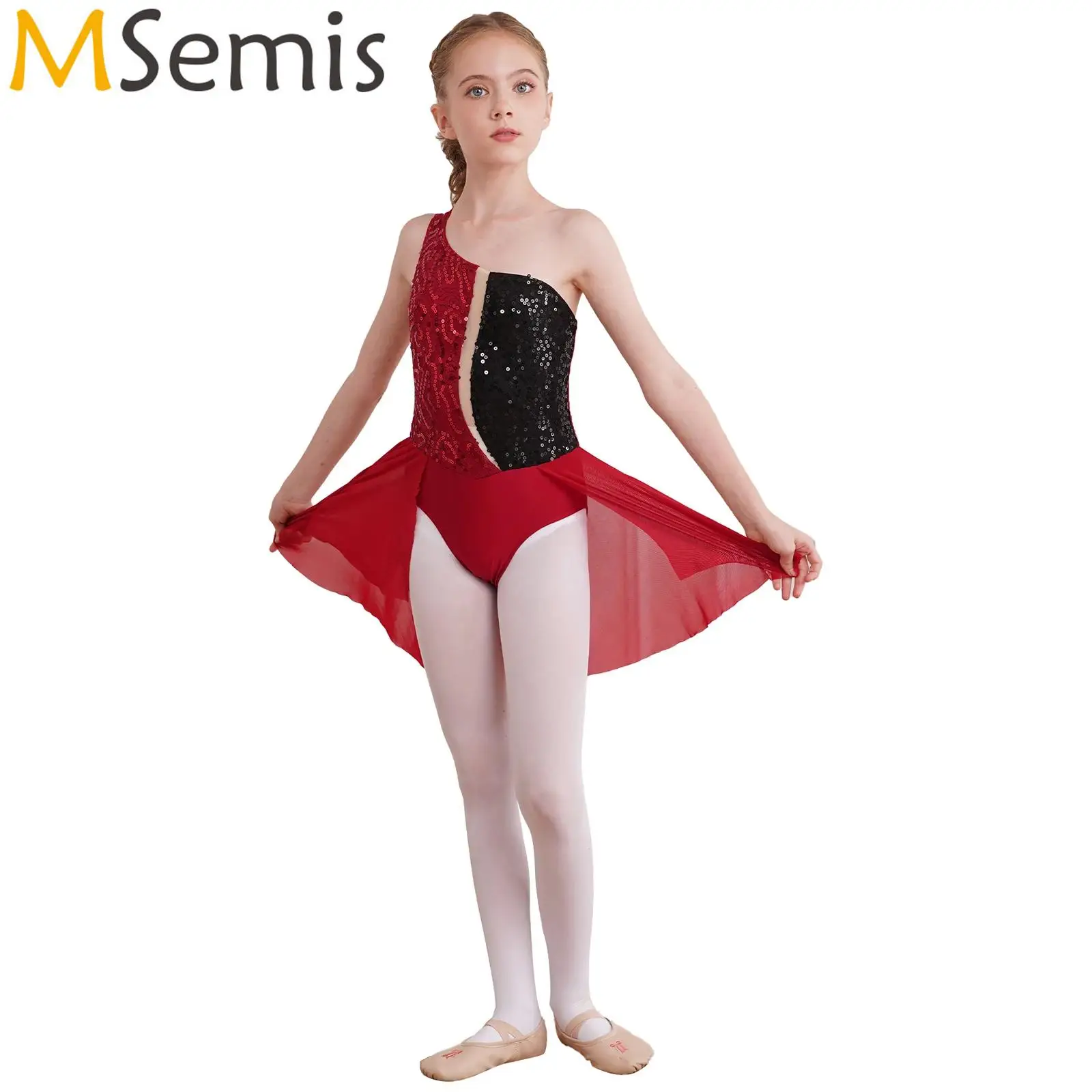 

Kids Girls Glittery Sequins Ballet Leotard Dresses for Figure Skating Sleeveless Dress One Shoulder Strappy Back Dance Costume