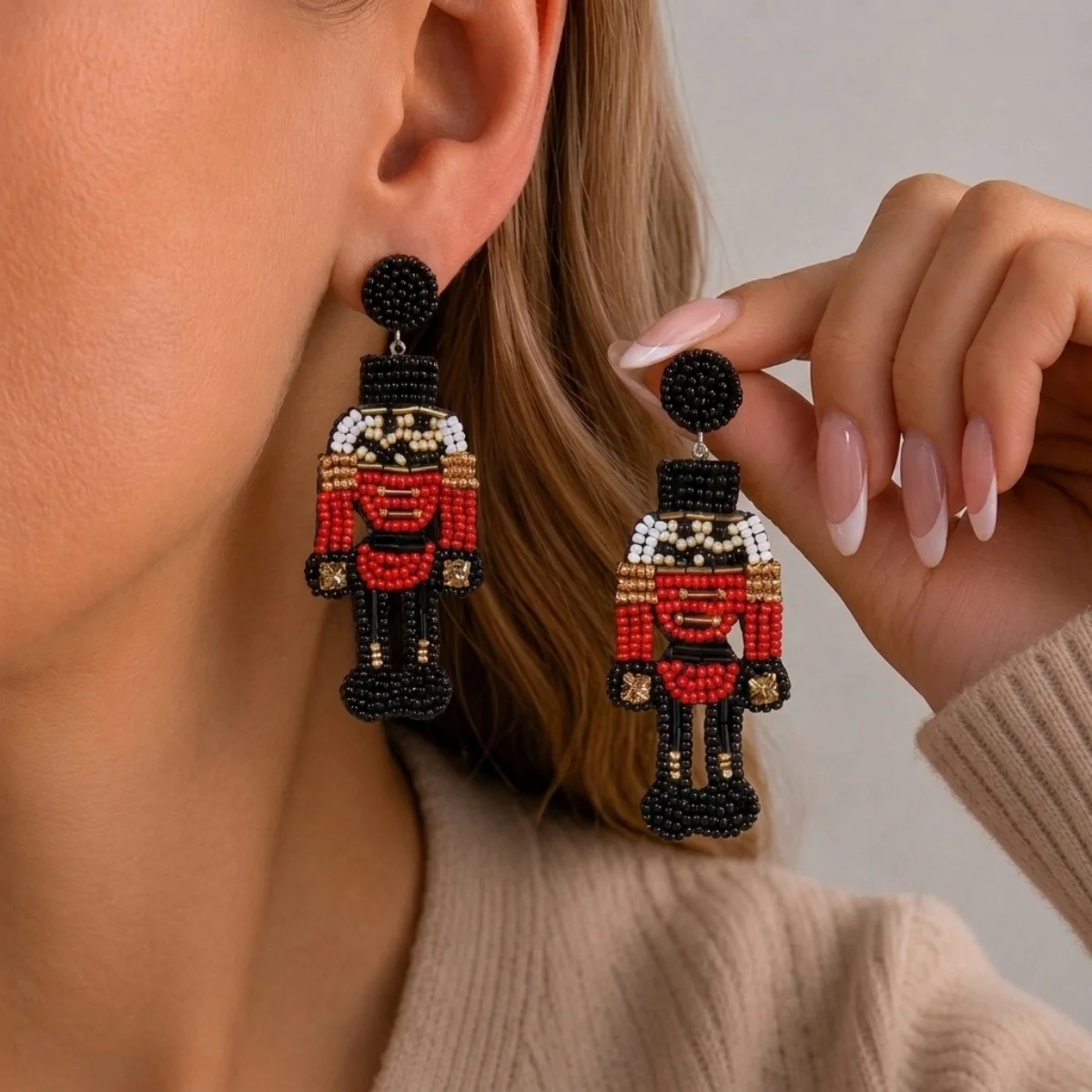 Weihnachtliche Ohrringe in Form eines Hauses mit Reisperlen für Damen, bunte Perlen, Weihnachtsmann, Rentier, Schneeflocke, Baum, Schleifen-Ohrringe, Schmuck. – Detail 13