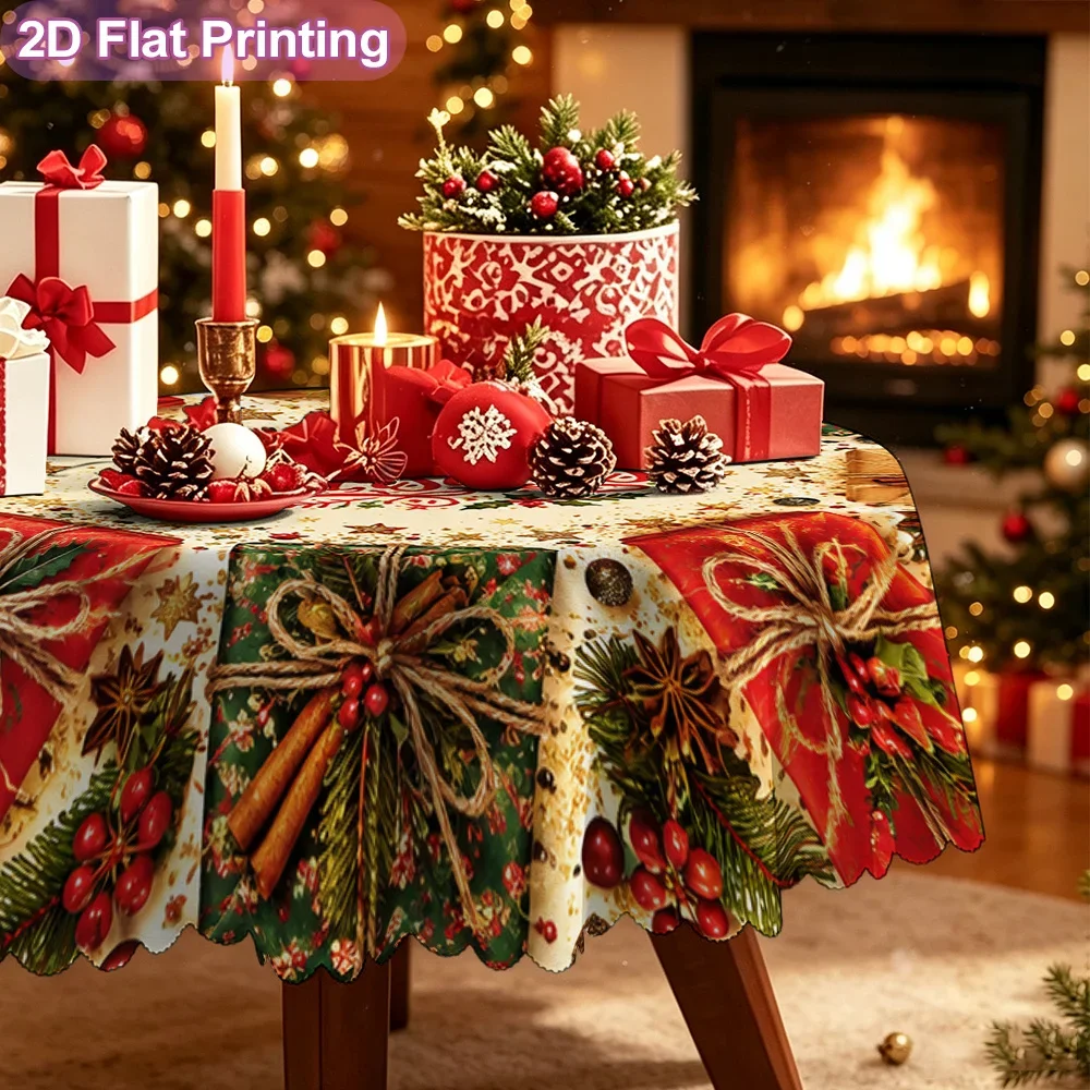 2D flat single-piece round tablecloth, Merry Christmas gift arrangement pattern - the perfect Christmas gift