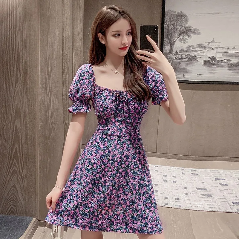 Fashion Large Size Dress Women's Summer French Retro Square Neck Belly Cover Bubble Short Sleeve Floral Dress