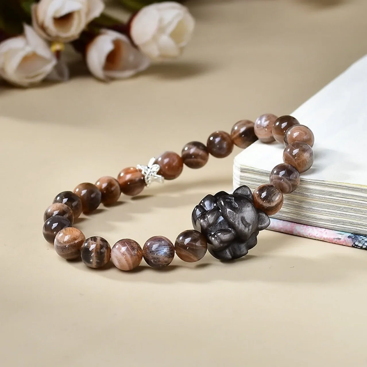 

Natural Black Crystal Backbone Silver Yao Nine-tailed Fox Bracelet Men's and Women's Light Luxury Fashion Lucky Bracelet