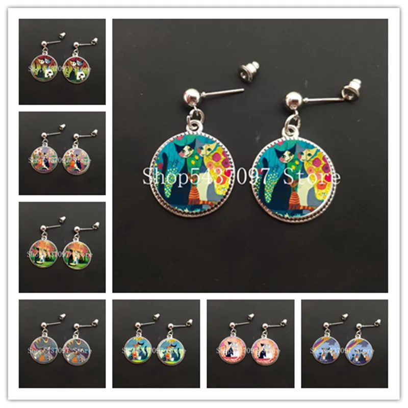 

Colorful cat tribe girl earrings abstract oil painting kitten 16mm glass cabochon women's earrings party gifts