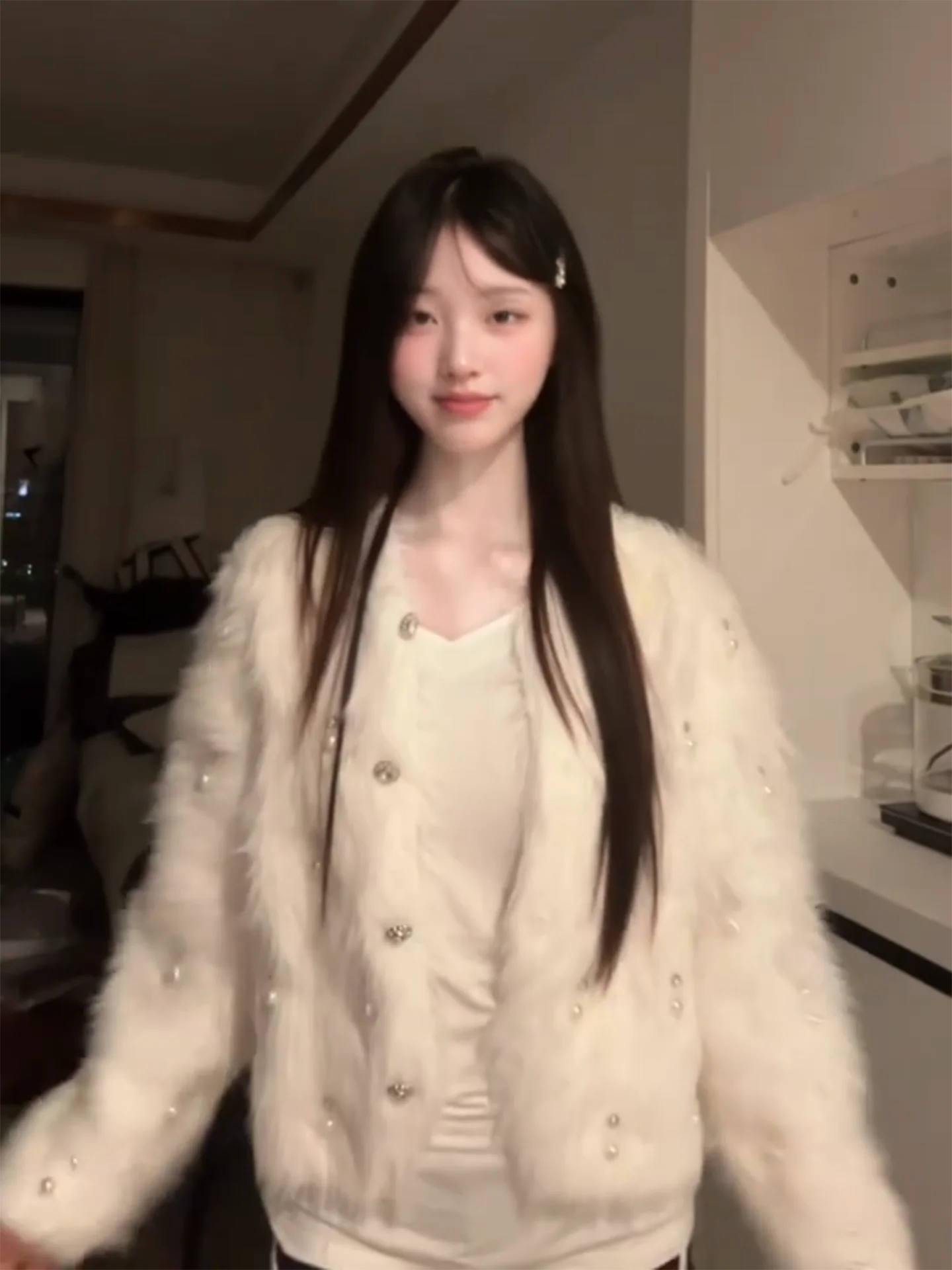 Witte ort Trui Jaet dames Lente Herfst Zachte Pluizige Afslanken Bovenkleding Vest Top Luxe Sle V-ne Lange Sve