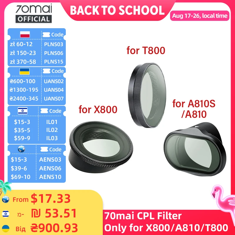 Original 70mai CPL-Filter für 70mai A900/ T800/ X800/ A810 Lite/ A810S/ A810 Zirkularpolarisierende Objektivfilter Objektivdeckel