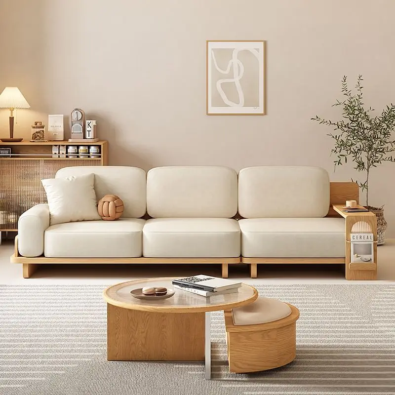 Multi-person small apartment living room solid wood straight row sofa cream style simple designer homestay reception side sofa