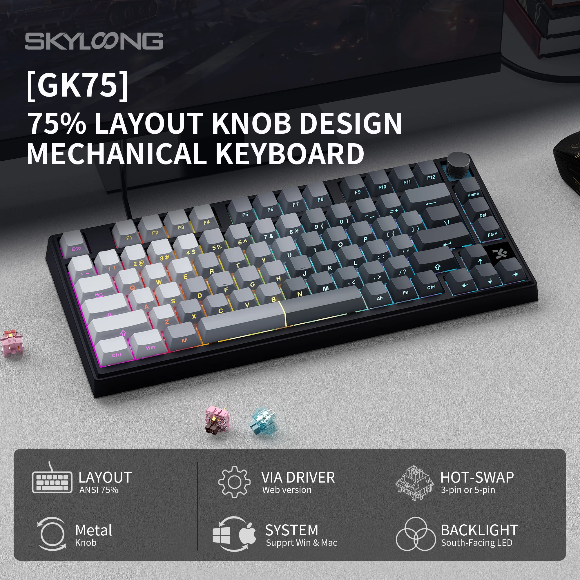 【SKYLOONG GK75 VIA】Wired Mechanical Gaming Keyboard with PBT Keycaps, South-Facing RGB Backlight, Macro Knob, 75% Low-Profile