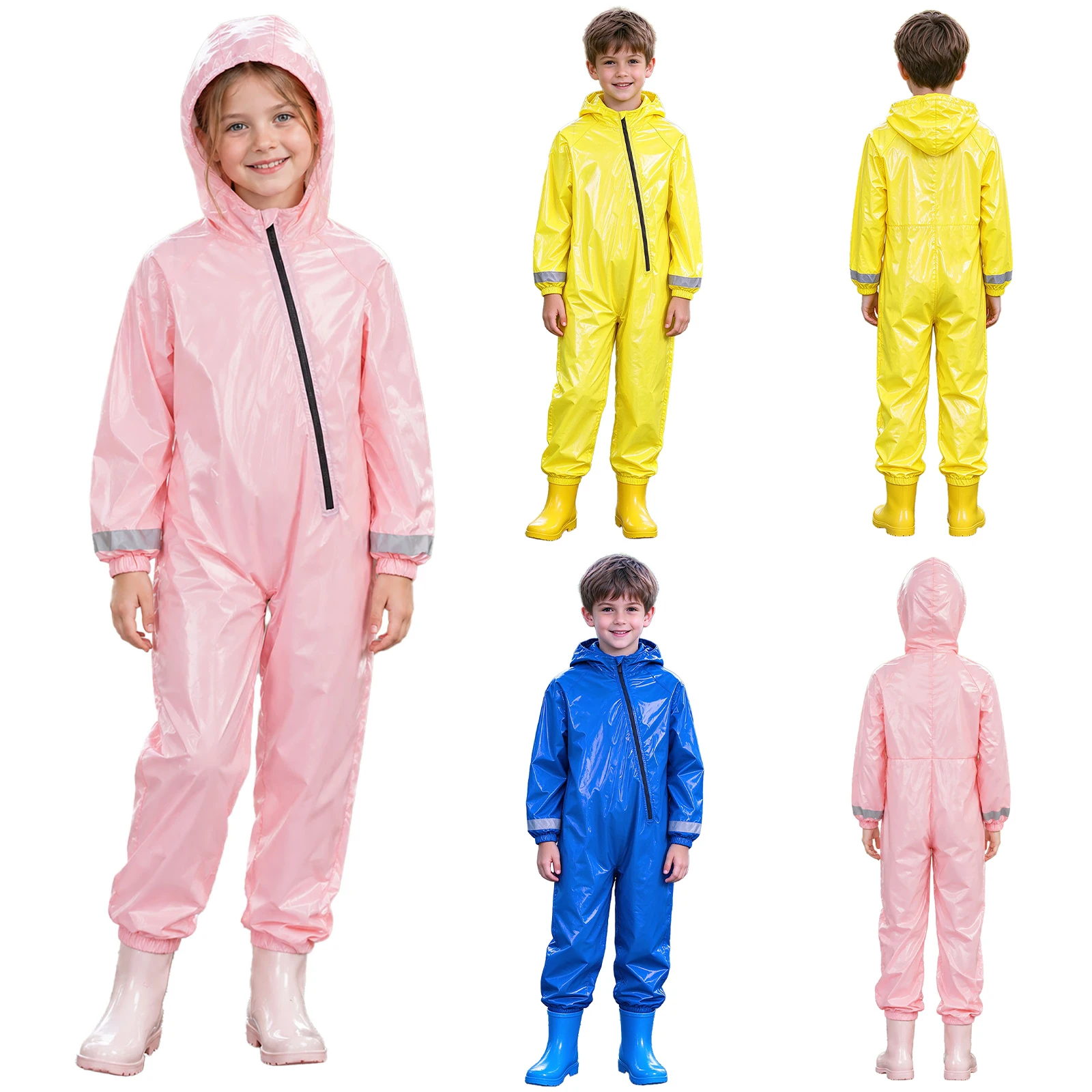 Kids Boys Girls Water Resistant One-piece Rainsuit Zipper Raincoat Long Sleeve Hooded Coverall Elastic Cuffs Legs Jumpsuit+Bag