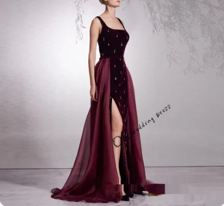 customized Dress Square Neck Open Back Velour Formal Party Gown with Organza Skirt Slit Sheath Evening Dresses فساتين سهرات2025