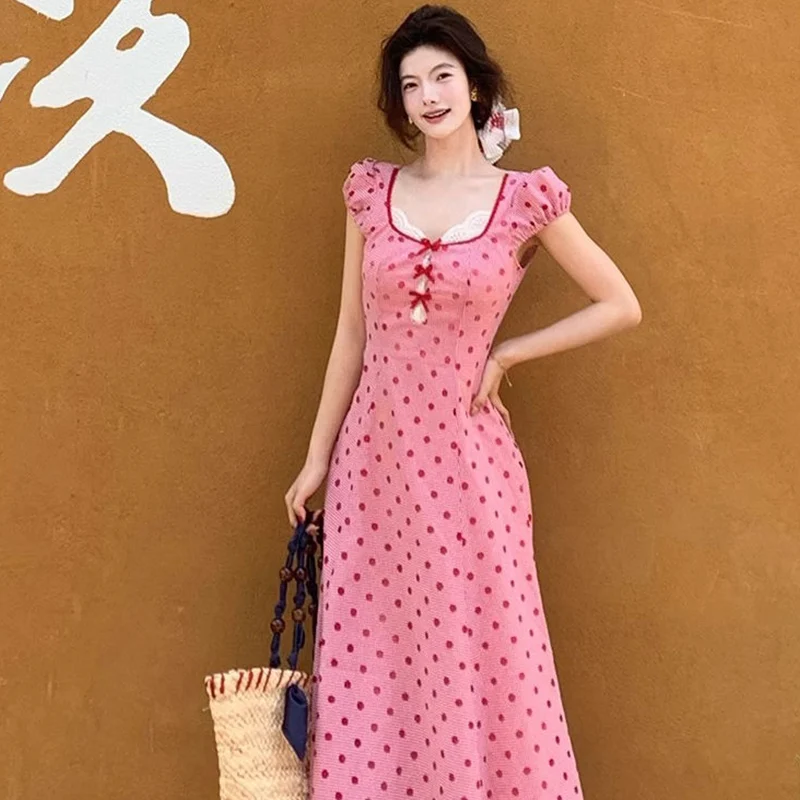

Summer Sweet Patchwork V-neck Short Sleeve Long Dress Ladies Fashionable Lace Bow Floral Dress Women's Slim High Waist Dresses