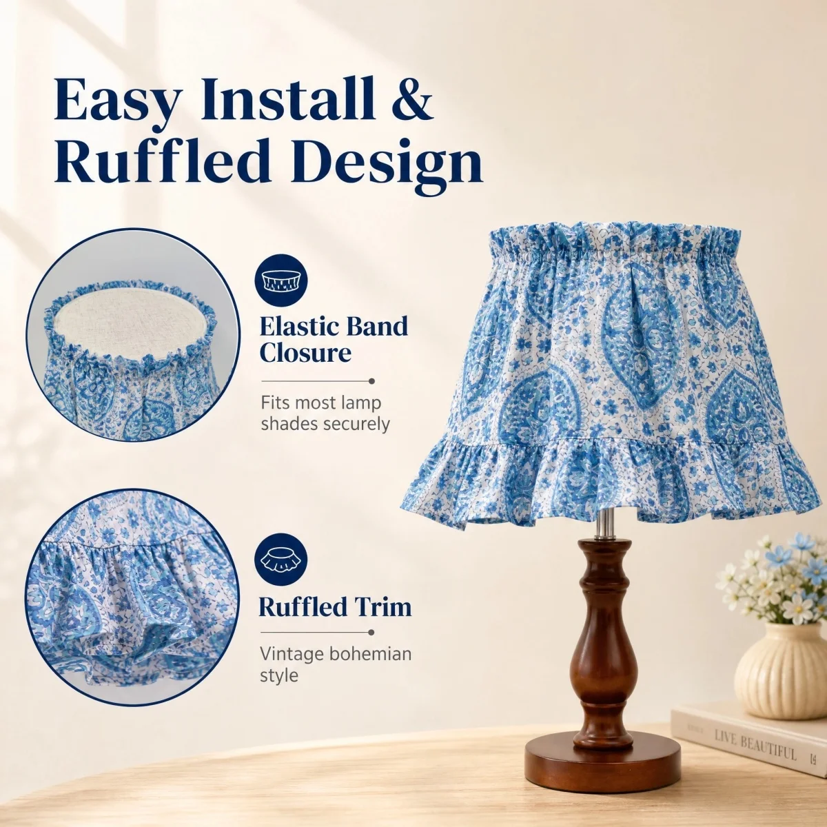 Indian Cotton Block Print Fabric Ruffle Lampshade Blue And White Fabric Cover Slip over Lampshade Home Decor