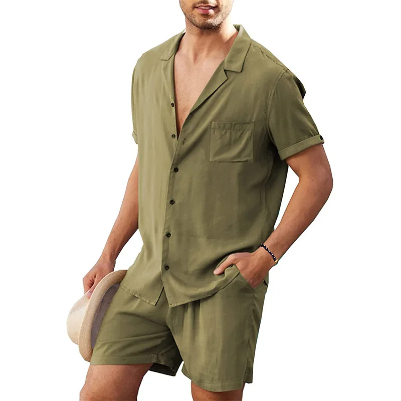 New men\'s linen short sleeved shirt set linen summer loose casual cotton cardigan shirt shorts