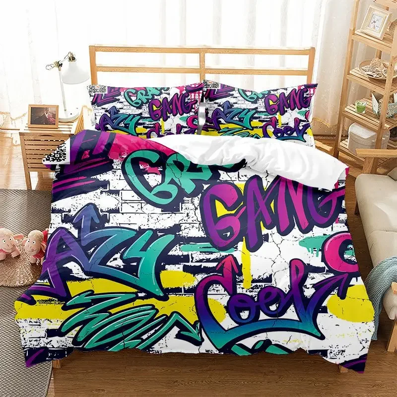 Hippie Graffiti Duvet Cover Set King Queen Size for Kids Boys Youth Polyester Comforter Cover Modern Street Art Bedspread Cover