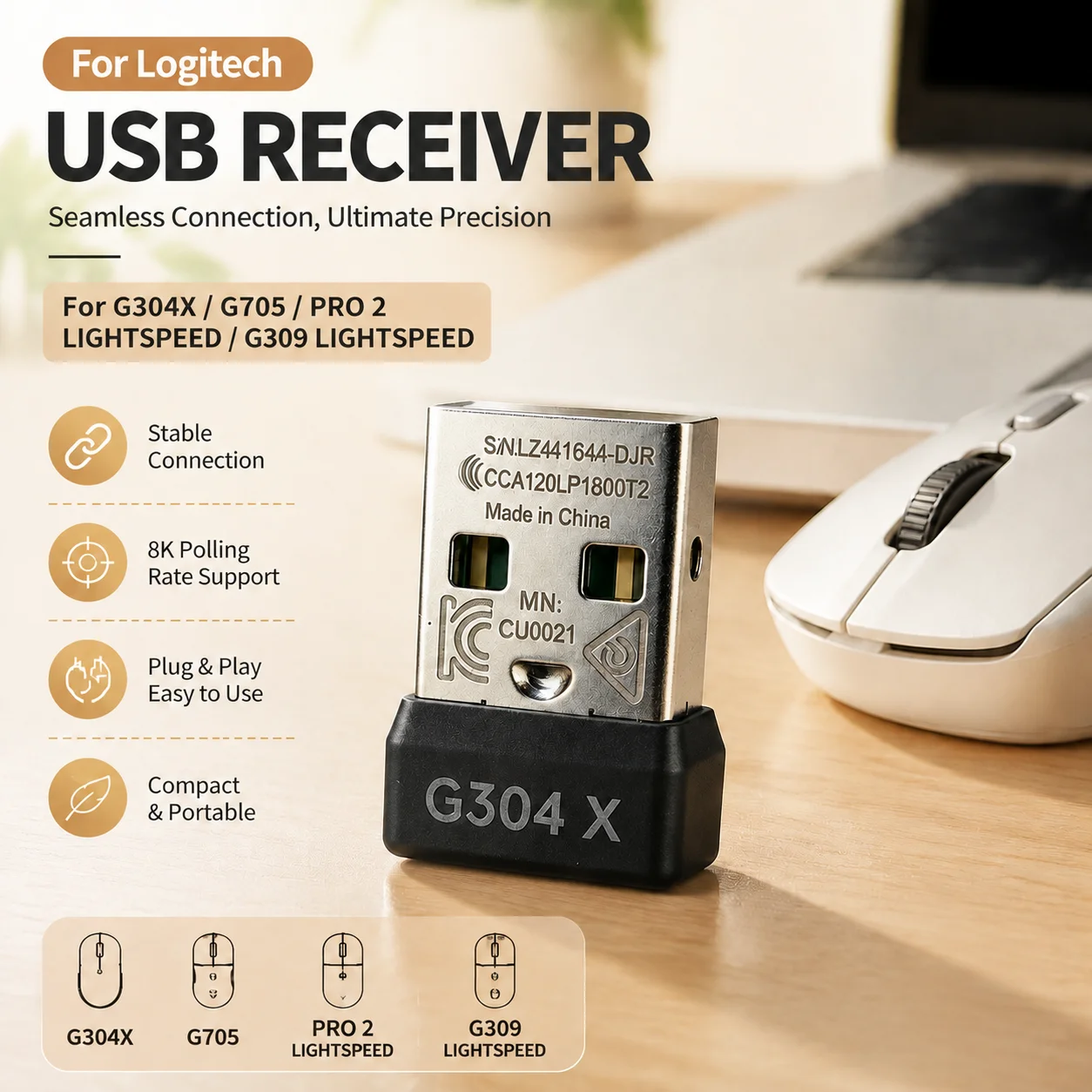 USB Adapter 2.4G Receiver For Logitech G304 X / G309 LIGHTSPEED / G705 / G502X / PRO X SUPERLIGHT 2 Mouse Dongle Adapter
