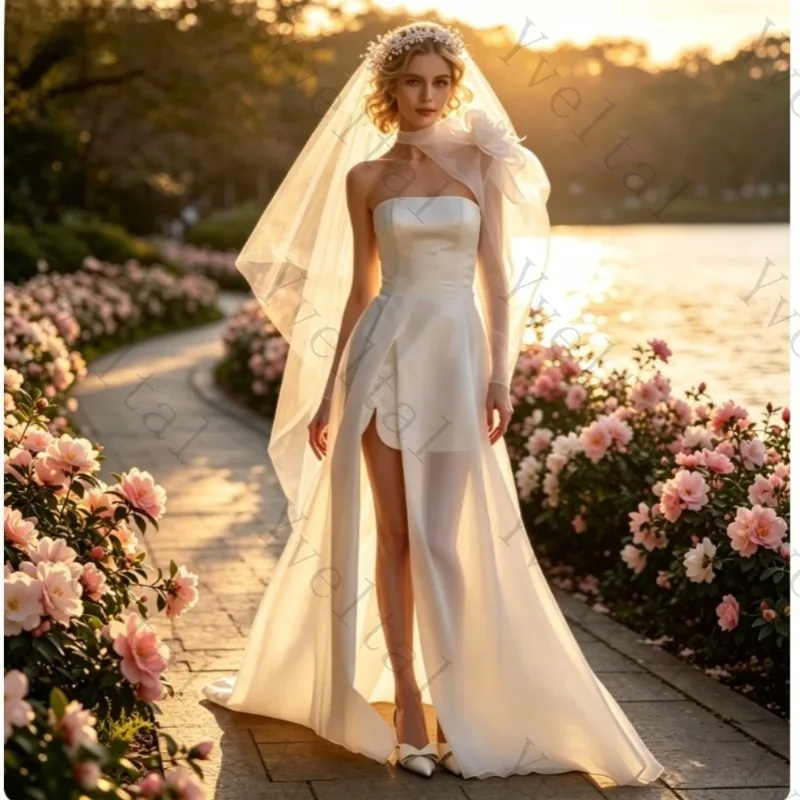 Customized Graceful Temperament Two-Pieces Strapless Satin Wedding Dresses Charming Flowers Open Back One-Shoulder Bridal Gowns