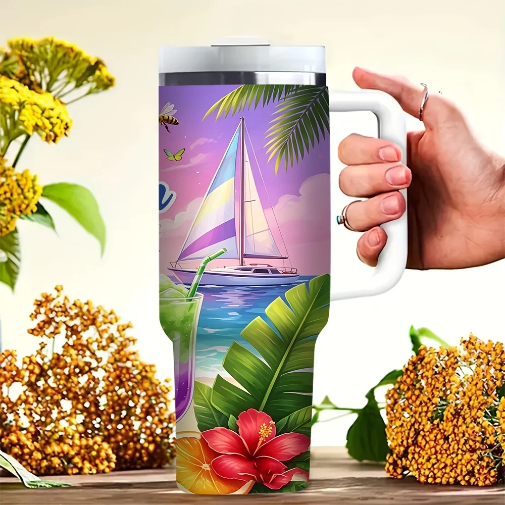 40Oz Vacation Beach Themed Print Tumbler with Handle, Suitable for Both Hot And Cold Drinks, Great for Vacation And Beach Lovers, Perfect for Outdoor Travel, Camping, Daily Use, And Summer Beach Getaways