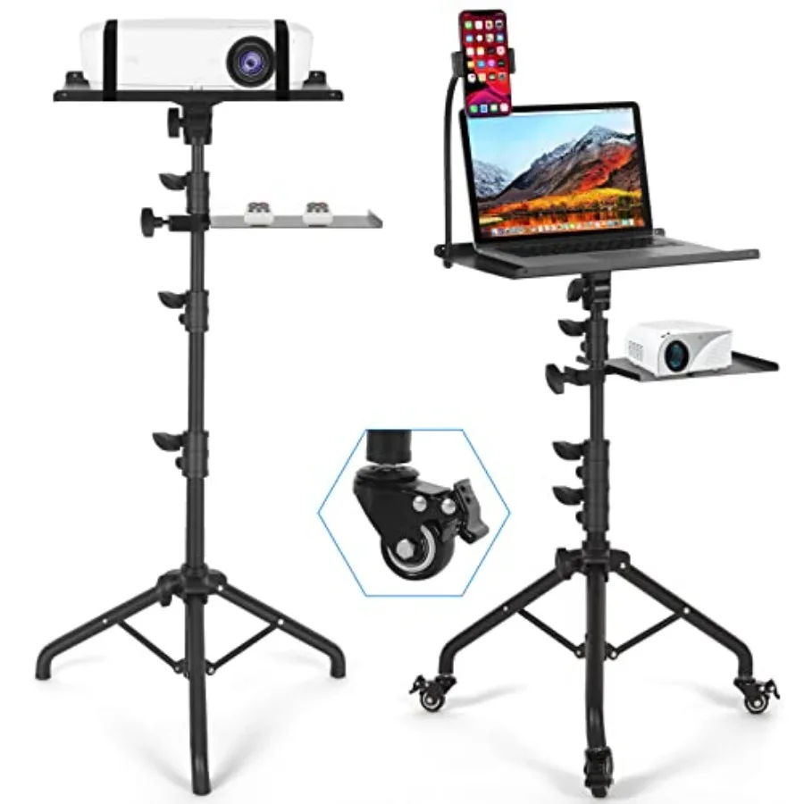 

Laptop Tripod on Wheels with 2 Shelves Portable Projector Floor Stand Adjustable Height 25.9 to 51.8 Inch with Phone Holder