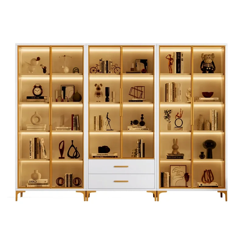 Light luxury glass door bookshelf, floor to wall combination bookshelf display cabinet, living room study storage cabinet,