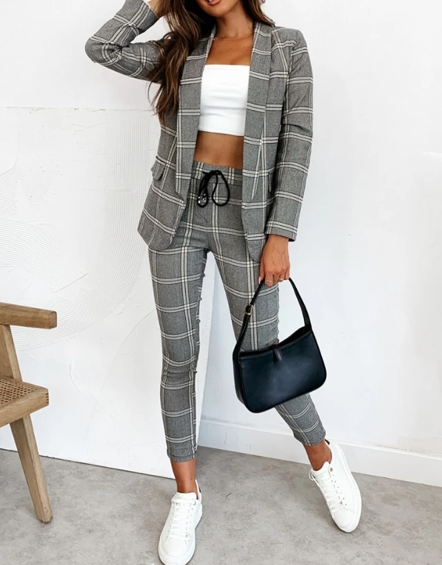 Checkered Printed Round Neck Suit Jacket and Drawstring Pants Set New Fashion Hot Selling Chic Women's Clothing