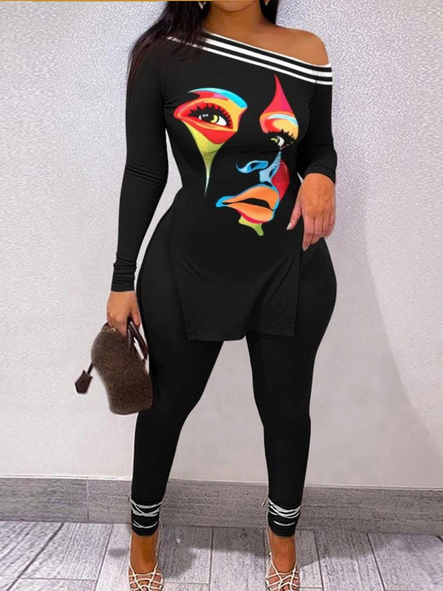 Plus Size Letter Print Striped Pants Set One Shoulder Long Sleeve Sexy Women Suit Autumn 2 Two Piece Set Streetwear Tracksuit