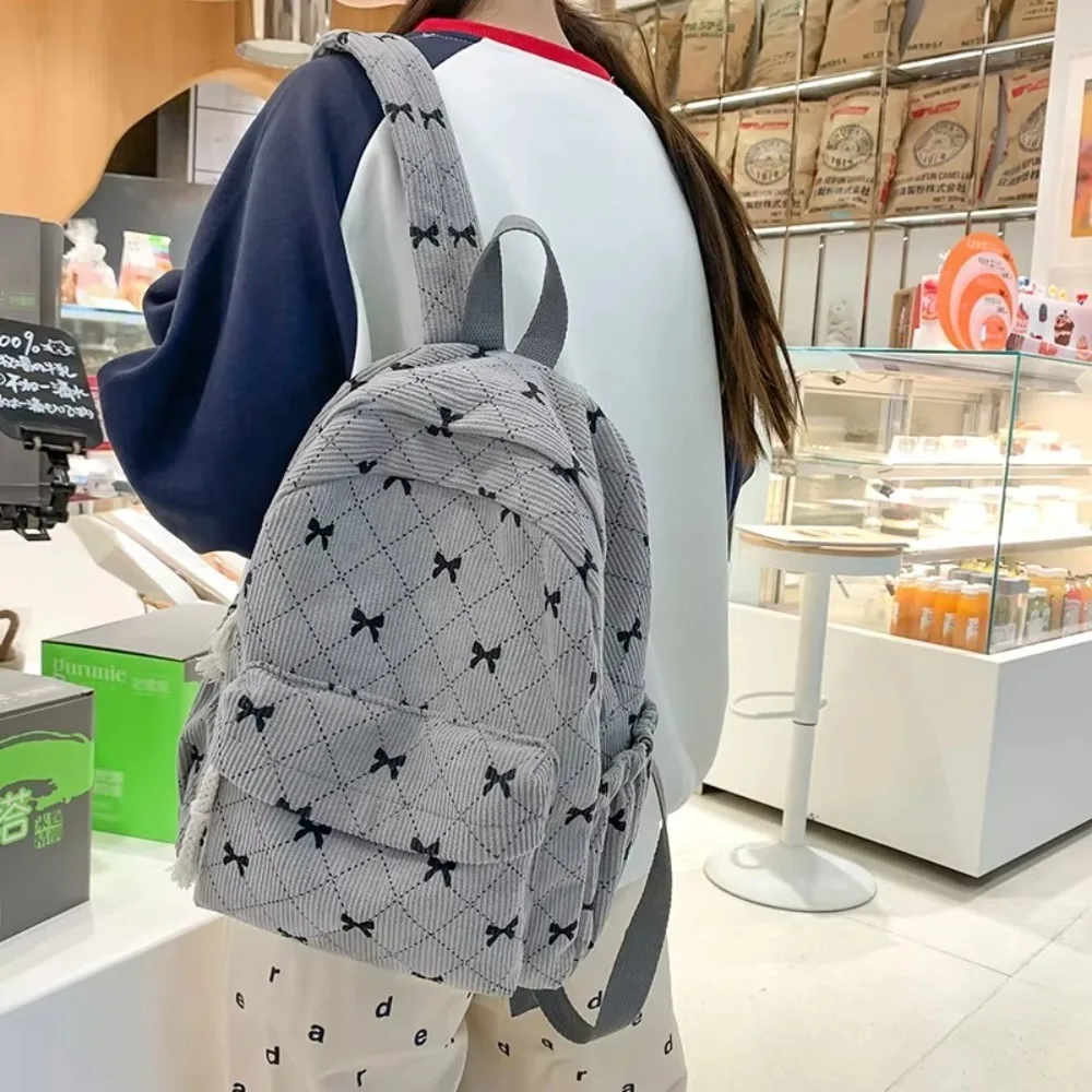 

New Bowknot Printed Women's Backpack Corduroy Large Capacity Book Bags College Bag Women
