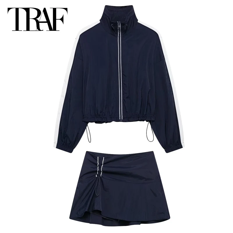 

TRAF Women's Two Pieces Set Striped Darkblue Skirt Set Crop Stand Neck Lace-Up Jacket Outfit Mini Ruffled Mid Waist Skirt Suits