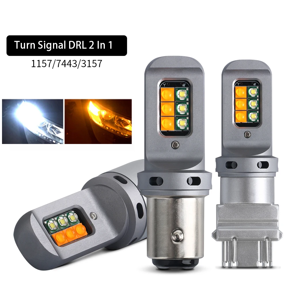 DRL With Turn Signal 2 in 1 Car Led Light Canbus No Error For Car Two-Colors Lamp 1157 BAY15D T25 3157 T20 7443 12V White Yellow