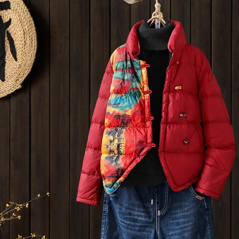 Vintage Coil Button Print Patchwork Down Cotton Jacket Winter Women Cropped Jacket Warm Coat Lightweight Coat Long Sleeve Parkas