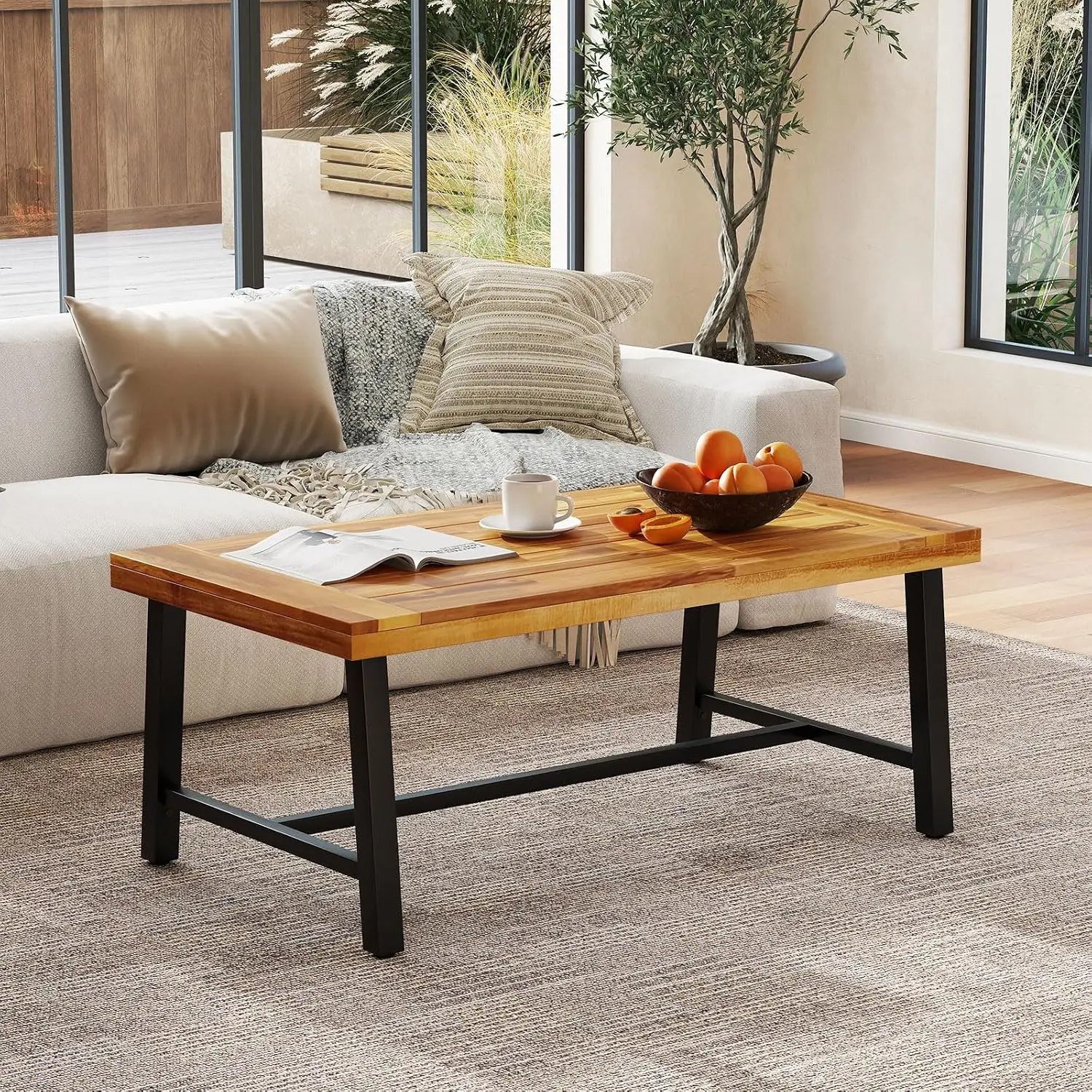 Acacia Wood Patio Coffee Table, Outdoor Rectangular Center Table with Sturdy Metal Frame, Adjustable Leveling Feet,, Customized