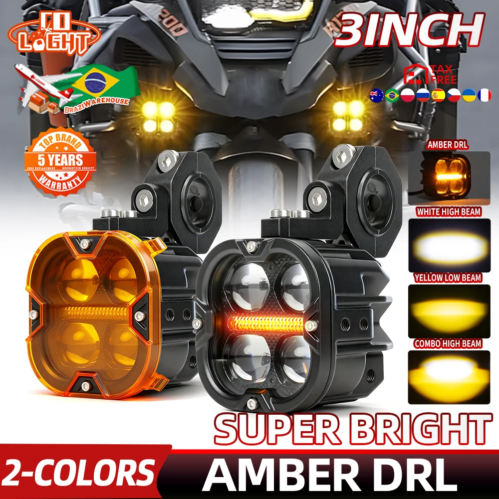 CO LIGHT 3-Zoll-LED-Zusatzscheinwerfer für Motorräder, weißes Fernlicht, gelbes Abblendlicht, DRL-Blitzlicht, Nebelscheinwerfer für den Offroad-Einsatz