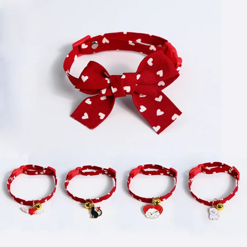 Christmas Red Bowknot Cat Collars Heart Dots Pattern Chihuahua Puppies Collar with Pendant Adjustable Kitten Necklace Pets Gift