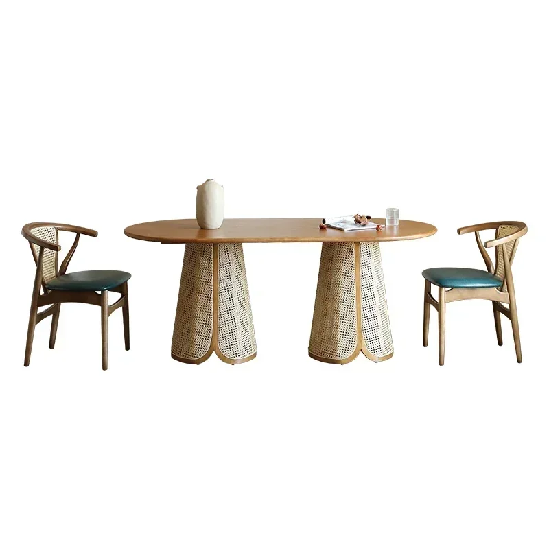N Quiet Style Solid Wood Dining Table and Chair Vintage Dining Table Dining Room Oval Ash Wood Rattan Table
