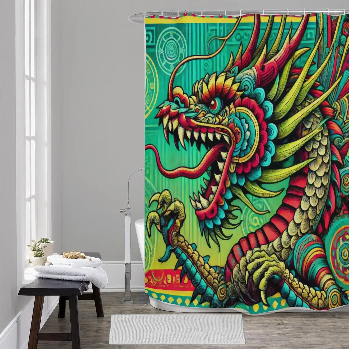 Vibrant Dragon Art Shower Curtain Tropical Mythology Bohemian Bathroom Decor Waterproof Curtain