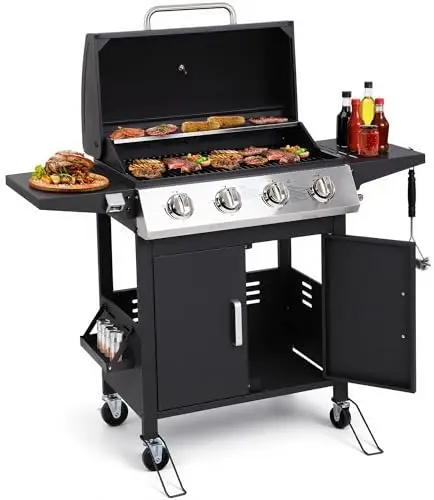 4-Burner Propane Gas BBQ Grill, Upgraded 40,000 BTU Stainless Steel Barbecue Grill with Foldable Side Tables, Spice