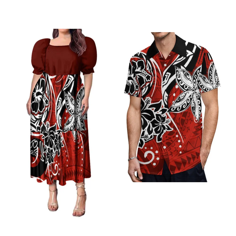 

2024 New Polynesian Couple Clothing Women'S Puffed Sleeve Dress Men'S Shirt Samoa Tribal Ethnic Print Custom Design