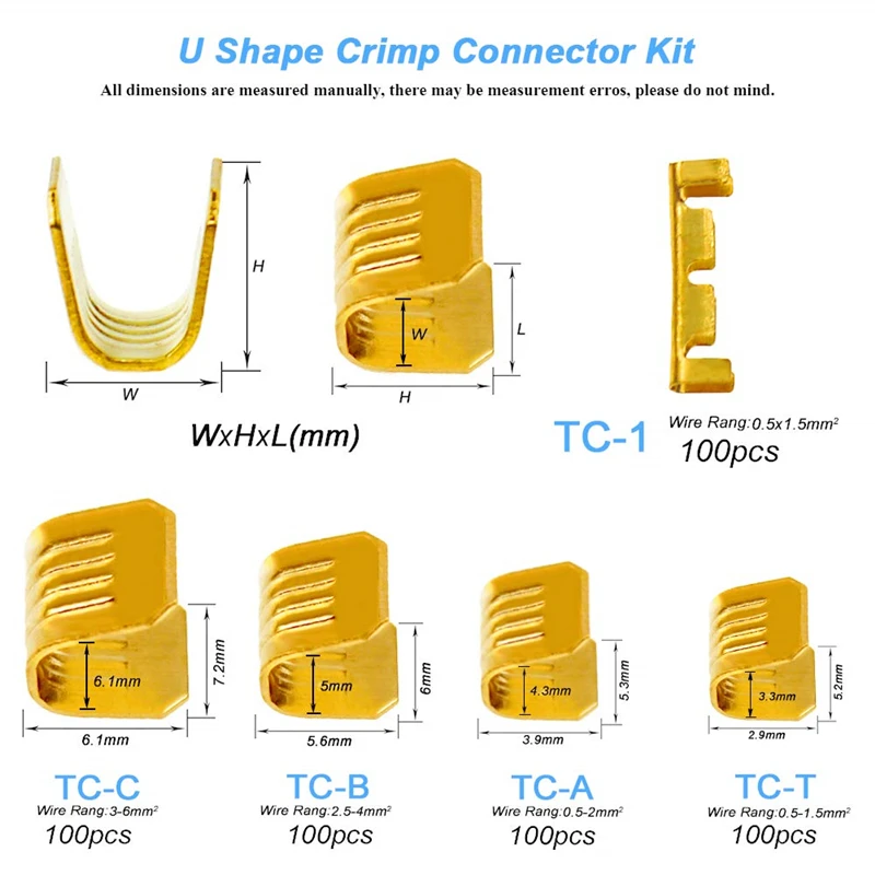 Golden Brass em forma de U cobre fivela, Quick Crimp Terminal Set, cobre paralelo Hoop, 5 especificações, 500pcs