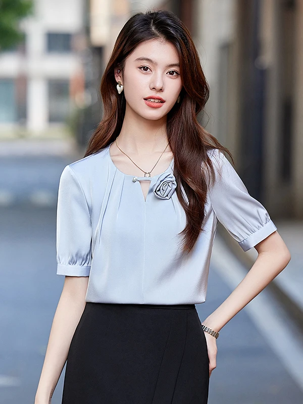 Elegant Pure Color Short Sleeve Shirt Women's Summer Fashion Korean Design Sensation Ladylike Soft Satin Material Blouse