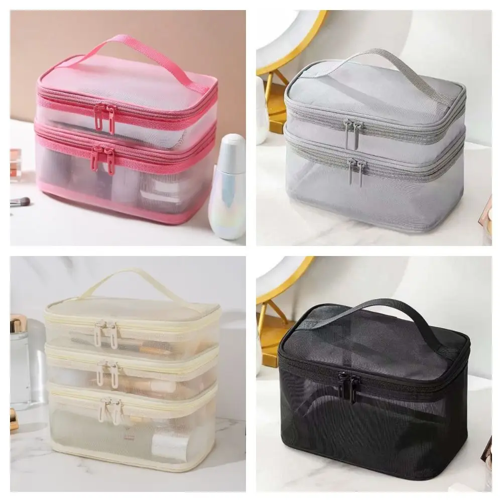 Zipper Mesh Cosmetic Bags 1/2/3 Layers Handbag Double-layer Storage Bag Transparent Large Capacity Toiletries Organizer Travel